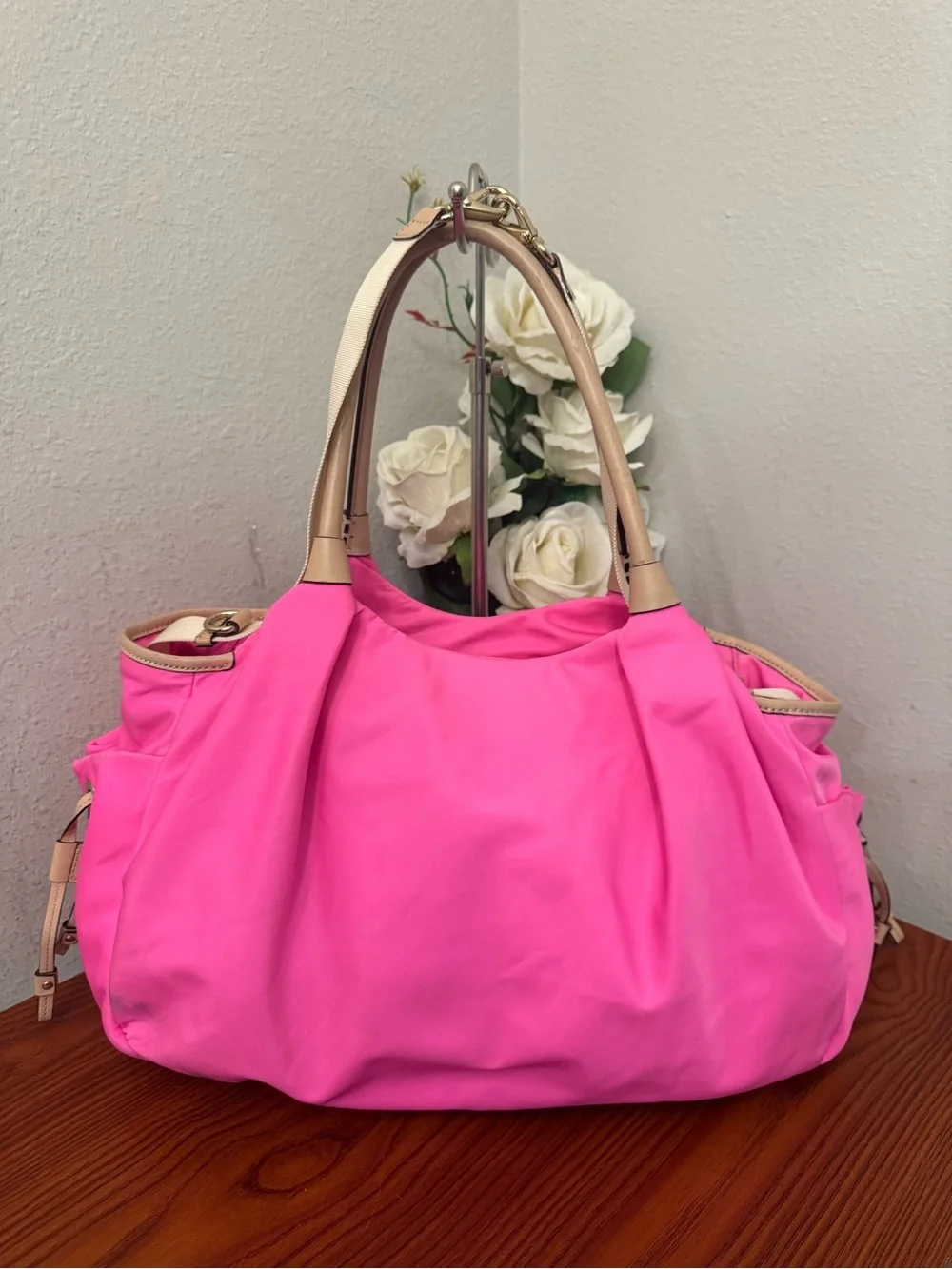kate spade Bright Pink Nylon Tote with Cream Handles